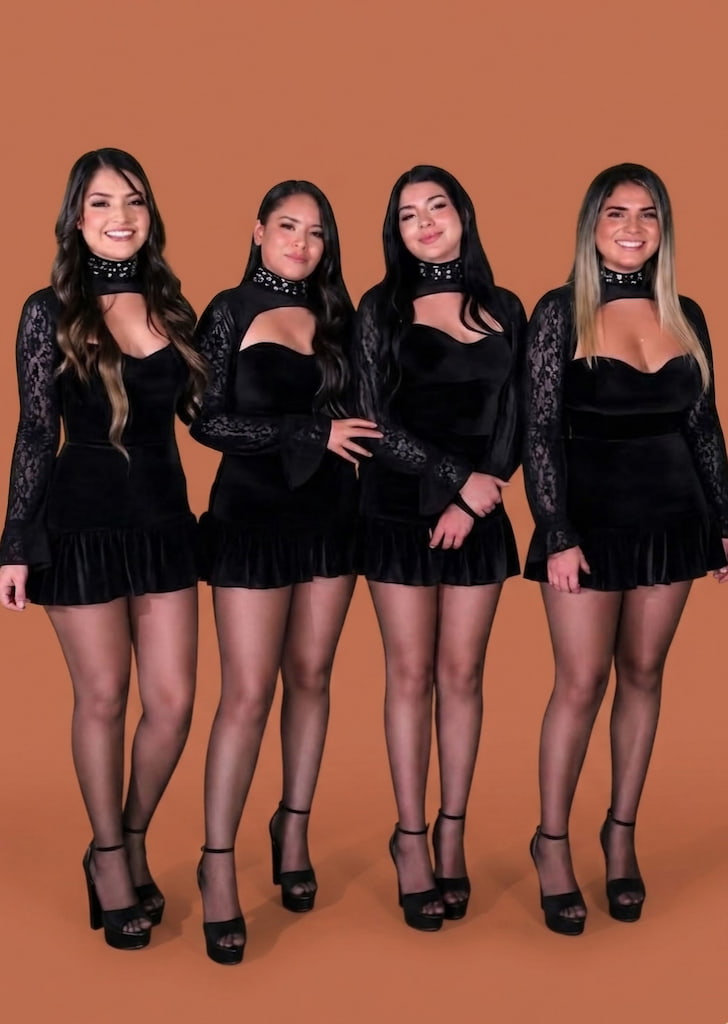 Milagros, Kiara, Susana Alvarado y Cielo Fernández lucen trajes negros durante una presentación de Corazón Serrano